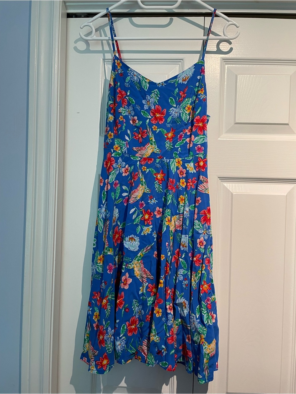 Old Navy Blue Floral Midi Dress with Red & Green flowers and birds